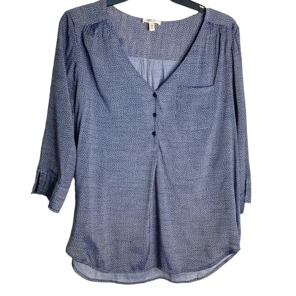 Como Blu Women 1X Navy Blue White Micro Dot V-Neck 3/4 Sleeve Tunic Resort